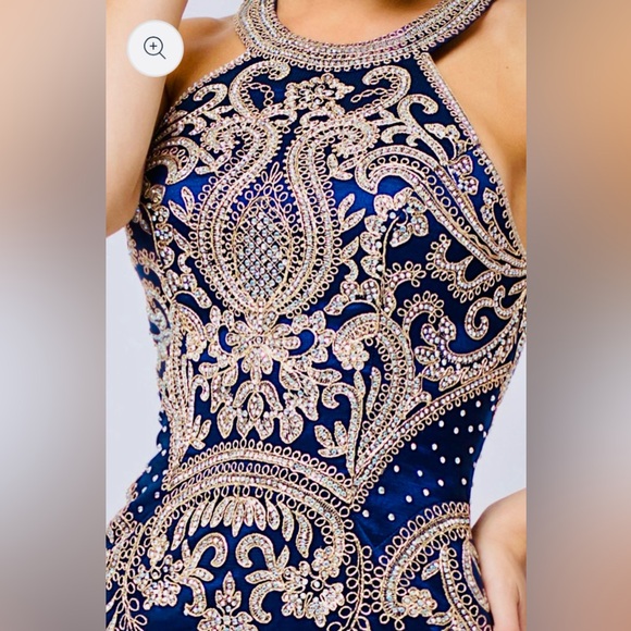 Jovani Blue and Gold Beaded Halter Gown / Dress - Picture 3 of 16